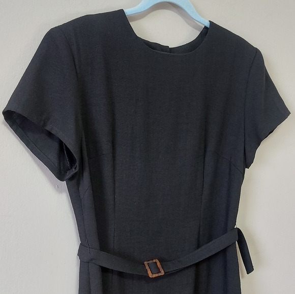 Vintage MJW Studio Midi Dress Size 16 Black Button Back Belted Career Wear - Picture 2 of 16